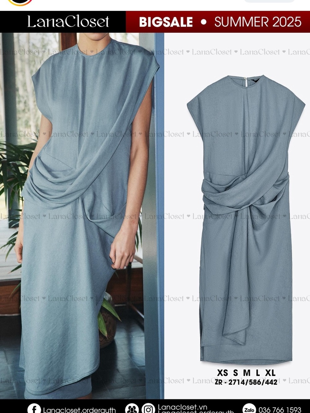 Zara Slate Blue Draped Maxi Dress - Picture 3 of 4